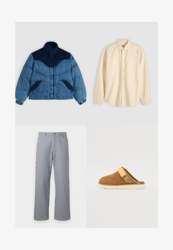 Veste en denim rembourrée avec un col en velours côtelé bleu foncé, des tissus bleus contrastants, une fermeture à bouton-pression et des poches latérales. Texture matelassée sur l'ensemble.; Chemise beige à manches longues avec col et boutons, présentée à plat avec les boutons fermés et les poignets boutonnés sur un fond clair.; Pantalon à jambe droite à rayures verticales grises et blanches, avec poches avant et taille à fermeture boutonnée.; Sabots en suède marron à enfiler avec une sangle orange clair et une semelle beige texturée. Dotés d'un bout rond et d'un détail de bouton sur le côté.