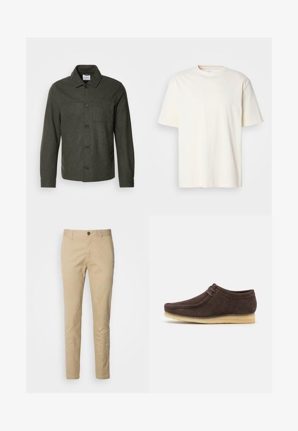 Lindbergh Letná bunda - dark khaki melange; Jednoduché krémové tričko s krátkym rukávom a okrúhlym výstrihom, unisex dizajn, vystavené na neutrálnej šedej pozadí.; Bežové chinos s gombíkovým zapínaním, úzkym strihom a hladkým bavlneným materiálom. Obsahujú prešívanie a štandardný dizajn s piatimi vreckami.; Hnedé semišové topánky s hladkým povrchom, okrúhlou špičkou a minimalistickým dizajnom. Majú svetlú gumovú podrážku a kontrastné šnurovanie.