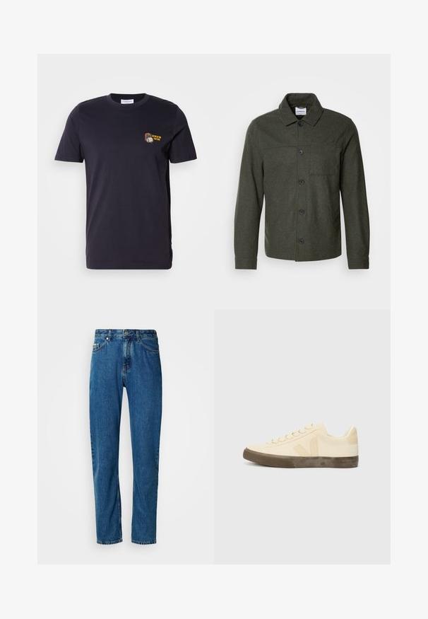 Lindbergh Letná bunda - dark khaki melange; Tmavomodré bavlnené tričko s krátkymi rukávmi a okrúhlym výstrihom. Na ľavej strane hrude má malé vyšívané logo s textom.; Modré džíny s rovnými nohavicami, piatimi vreckami a predným zapínaním na gombík na bielom pozadí.; Bežové plátenné tenisky s okrúhlou špičkou, plochými šnúrkami a textúrovanou hnedou gumovou podrážkou. Obsahujú logo na boku a minimalistický dizajn.