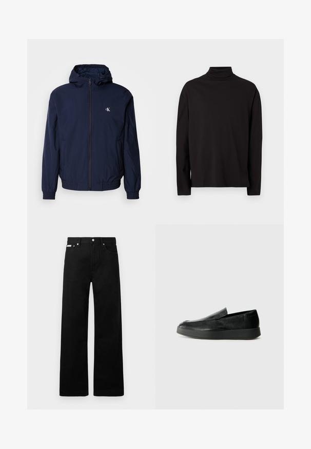 Marineblaue leichte Jacke mit durchgehendem Reißverschluss, Kapuze, elastischen Bündchen und Bund. Verfügt über ein kleines weißes Logo auf der linken Brust.; Schwarzes Langarm-Rollkragenoberteil aus weichem, glattem Stoff mit lockerer Passform und ohne sichtbare Muster oder Akzente.; Schwarze Denim-Hose im weiten Bein-Design mit fünf Taschen und metallenen Knopfdetails. Glatte Textur, ohne sichtbare Muster.; Calvin Klein HYBRID CUP - Slipper - triple black