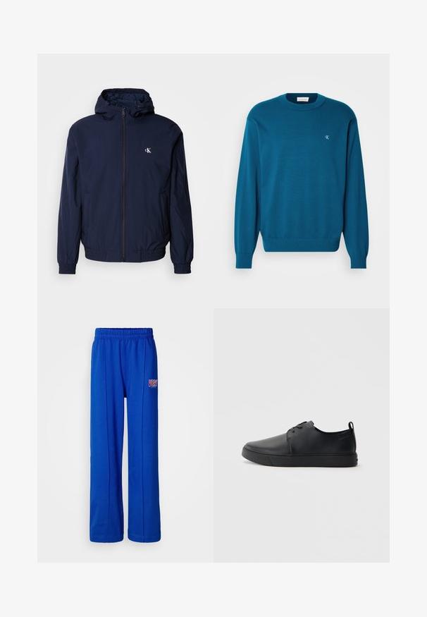 Marineblå letvægtsjakke med fuld lynlås, hætte, elastiske manchetter og taljebånd. Har en lille hvid logo på venstre bryst.; Turkis strikket sweater med rund hals, lange ærmer og ribbet kant. Har et lille logo i øverste venstre hjørne. Blød tekstur.; Lyseblå elastiske sweatpants med lige ben og et lille rødt og hvidt "VERY" logo på højre lår.; Sorte lædersneakers med en glat finish, rund tå, tonalt syning, snøring foran og en flad gummisål. Løkke ved hælen.