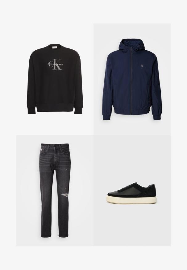 Marineblå letvægtsjakke med fuld lynlås, hætte, elastiske manchetter og taljebånd. Har en lille hvid logo på venstre bryst.; Sort sweatshirt med lange ærmer med stor grå tekstlogo "cK" og hvidt tekstlogo "Calvin Klein" centreret på forsiden.; Sorte denim jeans med lige ben-design, distressed detaljer ved knæene, fem-lommestil og en diskret falmet finish.; Sort sneakers med en kombination af læder og ruskind, rund tå, tonale snørebånd og en kraftig hvid gummisål. Diskret logodetalje på siden.