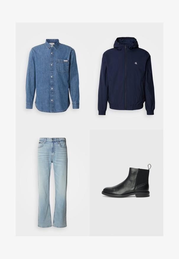 Marineblaue leichte Jacke mit durchgehendem Reißverschluss, Kapuze, elastischen Bündchen und Bund. Verfügt über ein kleines weißes Logo auf der linken Brust.; Jeanshemd in Mittelblau mit Button-Down-Kragen, langen Ärmeln, Brusttasche und weißen Knöpfen. Verfügt über einen leicht gebogenen Saum.; Hellblaue Jeans aus Denim mit geradem Bein, ausgestattet mit fünf Taschen, einem Knopfverschluss und subtilen Verwaschungen im Stoff.; Schwarze Leder-Ankle-Boots mit elastischen Seitenpaneelen, runder Zehenpartie, niedrigem Blockabsatz und einer Zuglasche auf der Rückseite für ein einfaches An- und Ausziehen.