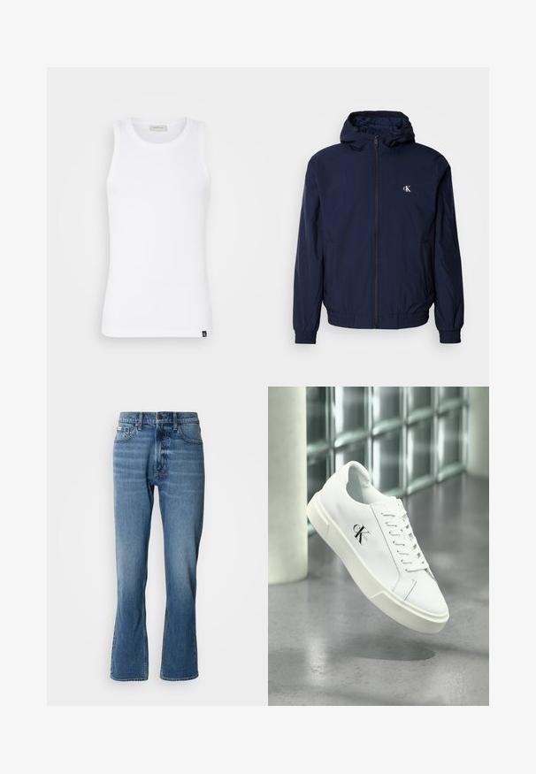 Marineblaue leichte Jacke mit durchgehendem Reißverschluss, Kapuze, elastischen Bündchen und Bund. Verfügt über ein kleines weißes Logo auf der linken Brust.; Weißes ärmelloses Tanktop aus geripptem Stoff mit rundem Halsausschnitt und einem kleinen Logo-Tag am Saum. Glatte Textur und figurbetontes Design.; Hellblaue Denim-Jeans mit geradem Schnitt und leicht ausgestelltem Bein. Verfügt über fünf Taschen, einen Knopfverschluss und dezente Waschungseffekte.; Weißer Calvin Klein Sneaker mit Schnürsenkeln, schwebend über einem polierten Betonboden und einer Glasbausteinwand im Hintergrund dargestellt.
