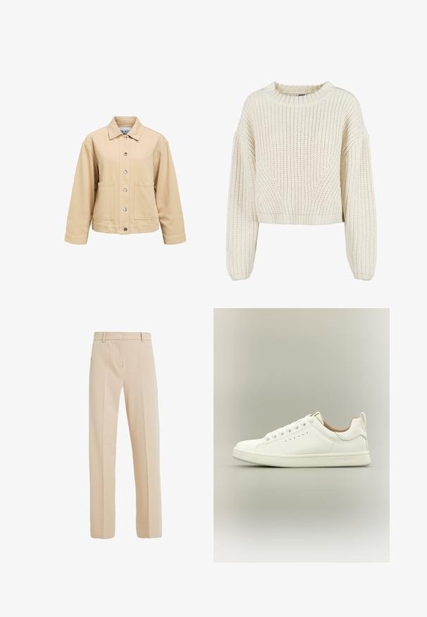Beige Baumwolljacke mit Knopfleiste, zwei Vordertaschen und Kragen. Verfügt über eine lockere Passform und lange Ärmel.; Dicker Strickpullover in Creme mit Rundhalsausschnitt, weiten Ärmeln, gerippten Bündchen und einem strukturierten Muster. Verkürzter Schnitt.; Beige maßgeschneiderte Hose aus glattem Stoff, mit geradem Beinanschnitt, seitlichen Taschen und Bügelfalten auf der Vorderseite.; Weißer Sneaker mit niedrigem Schaft, Schnürsenkeln, perforierten Seitendetails und einem Zuglasche an der Ferse, vor neutralem Hintergrund.
