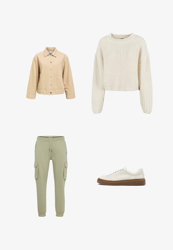 Veste en coton beige avec fermeture à boutons, deux poches avant et col classique. Coupe ample et manches longues.; Pull en tricot crémeux avec un col rond, des manches larges, des poignets côtelés et un motif texturé. Design court.; Pantalons cargo en vert clair en tissu doux, avec poches latérales, poignets élastiqués et une taille à cordon pour un ajustement réglable.; Baskets basses blanches avec lacets blancs et semelle épaisse marron, détails cousus, et logo "Camper" sur le côté de la semelle.