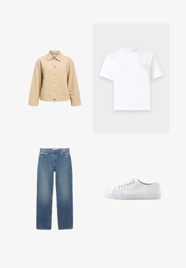 Beige katoenen jas met een knoopsluiting aan de voorkant, twee zakken aan de voorkant en een kraag. Heeft een losse pasvorm en lange mouwen.; Effen witte katoenen T-shirt met korte mouwen, ronde hals en rechte zoom, getoond op een witte achtergrond.; Lichtblauwe denim jeans met een rechte snit, vijf zakken en koperen hardware. De stof heeft een lichte vervaging en een gladde textuur.; Witte lage canvas sneaker met witte veters en rubberen zool, gezien van opzij op een witte achtergrond.