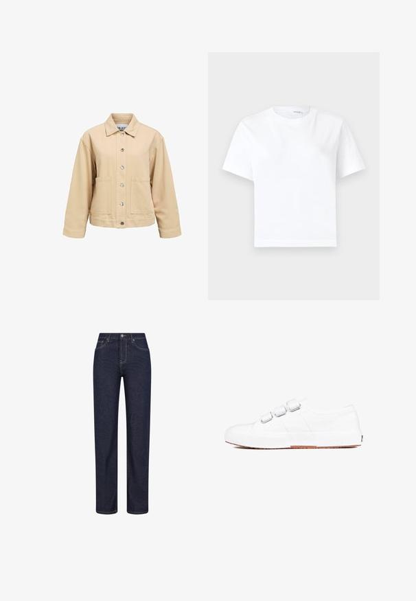 Beige katoenen jas met een knoopsluiting aan de voorkant, twee zakken aan de voorkant en een kraag. Heeft een losse pasvorm en lange mouwen.; Effen witte katoenen T-shirt met korte mouwen, ronde hals en rechte zoom, getoond op een witte achtergrond.; Donkerblauwe jeans met rechte pijpen, voorzakken, riemlussen en een knoopsluiting in de taille.; Witte canvas sneakers met een textuurafwerking, voorzien van drie verstelbare banden en een stevige rubberen zool in lichtbruin. Minimalistisch ontwerp.