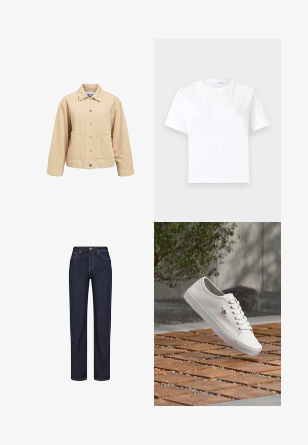 Veste en coton beige avec fermeture à boutons, deux poches avant et col classique. Coupe ample et manches longues.; T-shirt blanc uni en coton à manches courtes, col rond et ourlet droit, présenté sur fond blanc.; Jean denim bleu foncé à coupe droite, avec poches avant, passants de ceinture et fermeture par bouton à la taille.; Baskets blanches basses avec lacets et détail logo flottant au-dessus d'une surface extérieure en carreaux de bois et gravier.