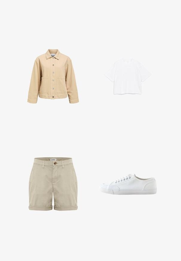 Veste en coton beige avec fermeture à boutons, deux poches avant et col classique. Coupe ample et manches longues.; T-shirt blanc à manches courtes avec encolure ronde et coupe carrée ample, présenté sur un fond blanc uni.; Shorts en coton beiges avec un ourlet retroussé, dotés d'une fermeture à bouton sur le devant et de poches cousues. Texture lisse avec des détails minimes.; Baskets basses blanches en toile avec lacets blancs et semelle en caoutchouc, vues de côté sur fond blanc.