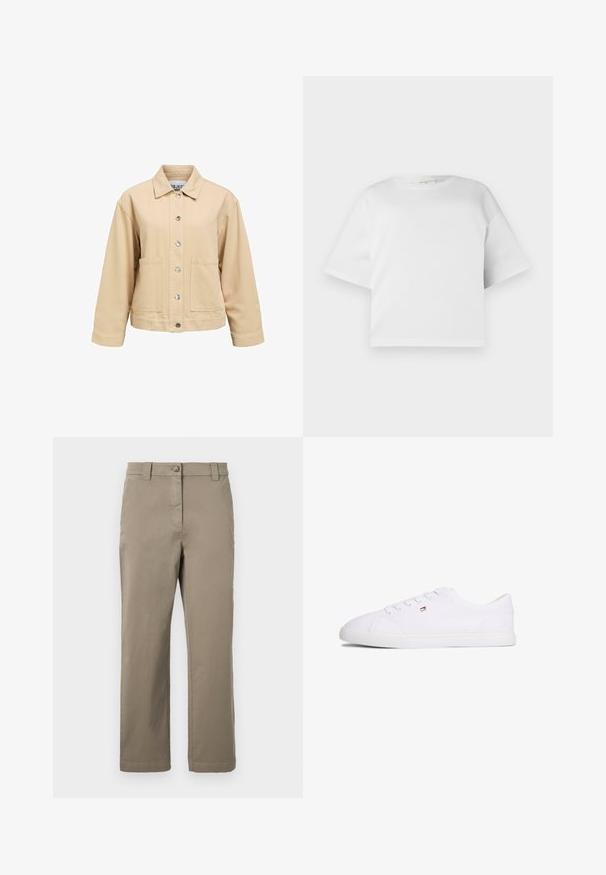 Veste en coton beige avec fermeture à boutons, deux poches avant et col classique. Coupe ample et manches longues.; T-shirt blanc court en coton lisse, avec un col rond et des manches courtes et larges. Design simple et épuré sans motifs visibles.; Chino en coton kaki avec une coupe droite, dotés d'un bouton à l'avant, de poches latérales et d'une texture lisse. Pas de motifs ou d'accents visibles.; Baskets blanches basses à fermeture à lacets avec petit logo rouge, blanc et bleu sur le côté, semelle plate en caoutchouc.