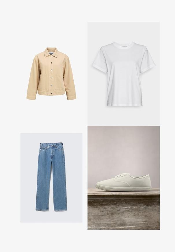 Veste en coton beige avec fermeture à boutons, deux poches avant et col classique. Coupe ample et manches longues.; T-shirt en coton blanc à manches courtes, col rond et coupe décontractée. Texture lisse, sans motifs ni graphiques, design basique.; Jean en denim bleu à taille haute, coupe droite, avec bouton avant, fermeture éclair, passants pour ceinture et design à cinq poches sur un fond clair uni.; Baskets en toile blanches avec un bout arrondi, six œillets et une semelle en caoutchouc texturée, suspendues au-dessus d'une surface en bois avec de l'herbe verte en arrière-plan.