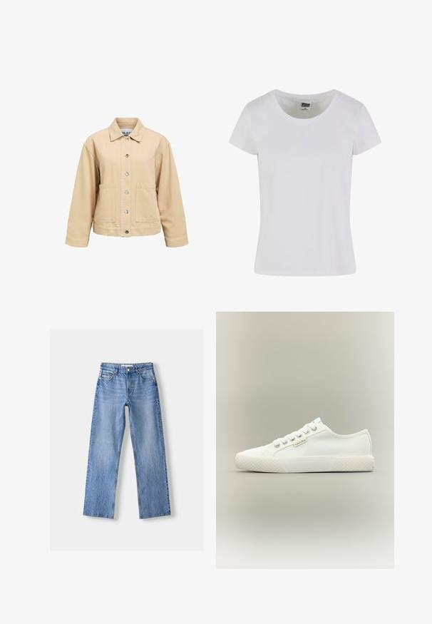 Beige katoenen jas met een knoopsluiting aan de voorkant, twee zakken aan de voorkant en een kraag. Heeft een losse pasvorm en lange mouwen.; Witte, korte mouwen t-shirt gemaakt van katoen. Heeft een ronde hals en een slim-fit vorm. Etiket zegt "URBAN CLASSICS."; Lichtblauwe denim jeans met een rechte pasvorm, voorzien van vijf zakken, een knoopsluiting aan de voorkant en subtiele vervaging voor textuur.; Witte lage canvas sneaker met een getextureerde rubberen zool, witte veters en een klein Calvin Klein-label aan de zijkant.
