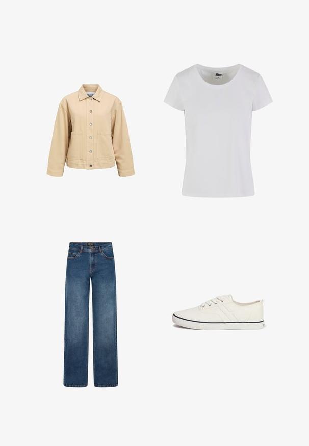 Chaqueta de algodón beige con cierre de botones, dos bolsillos delanteros y cuello con solapa. Presenta un ajuste suelto y mangas largas.; Camiseta blanca de manga corta hecha de algodón. Presenta un escote redondeado y una forma ajustada. La etiqueta dice "URBAN CLASSICS."; Vaqueros de pierna ancha en lavado azul medio. Cuentan con cinco bolsillos, cierre de botón y cremallera, y costuras doblemente reforzadas. Tejido duradero.; Zapatillas de lona blancas con un diseño de perfil bajo, puntera redonda, seis ojales, franja de acento en navy y suela de goma texturizada.