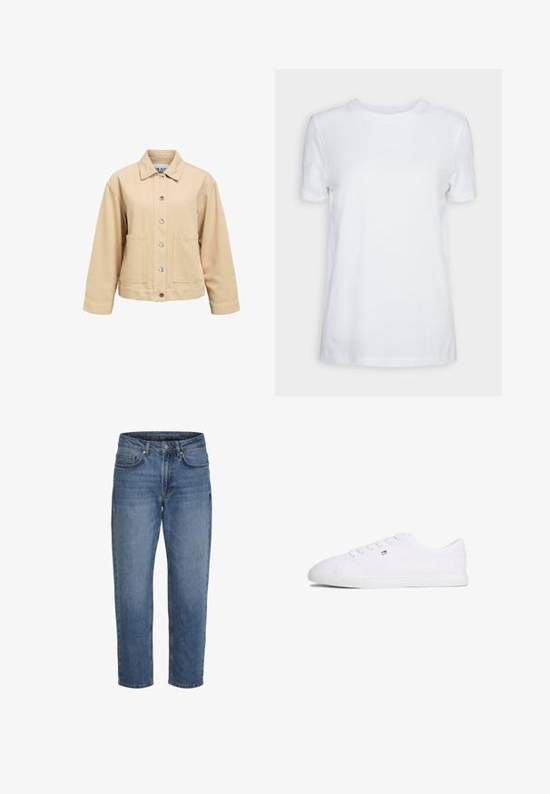 Beige Baumwolljacke mit Knopfleiste, zwei Vordertaschen und Kragen. Verfügt über eine lockere Passform und lange Ärmel.; Schlichtes weißes T-Shirt mit kurzen Ärmeln und Rundhalsausschnitt, normaler Passform und einem kleinen Innenhalsetikett mit der Aufschrift „SELECTED FEMME.“; Blaue Jeans aus Denim mit geraden Beinen, vorne Knopf- und Reißverschluss sowie vordere und hintere Taschen, vor weißem Hintergrund dargestellt.; Weißer Sneaker mit niedrigem Schaft, Schnürverschluss und kleinem rot-weiß-blauem Logo an der Seite, flache Gummisohle.