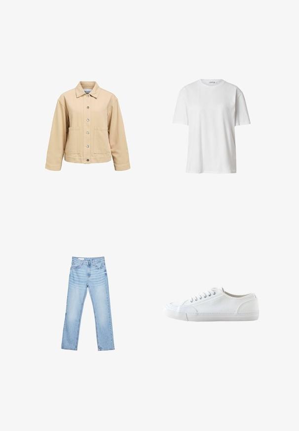 Beige katoenen jas met een knoopsluiting aan de voorkant, twee zakken aan de voorkant en een kraag. Heeft een losse pasvorm en lange mouwen.; Witte katoenen T-shirt met een ronde hals, korte mouwen en een losse pasvorm. Eenvoudig ontwerp zonder zichtbare patronen of accenten.; Lichtblauwe denim jeans met een rechte snit, vijf-pocket ontwerp en zichtbare stiksels. Middenhoge taille met een klassieke knoop- en ritssluiting.; Witte lage canvas sneaker met witte veters en rubberen zool, gezien van opzij op een witte achtergrond.