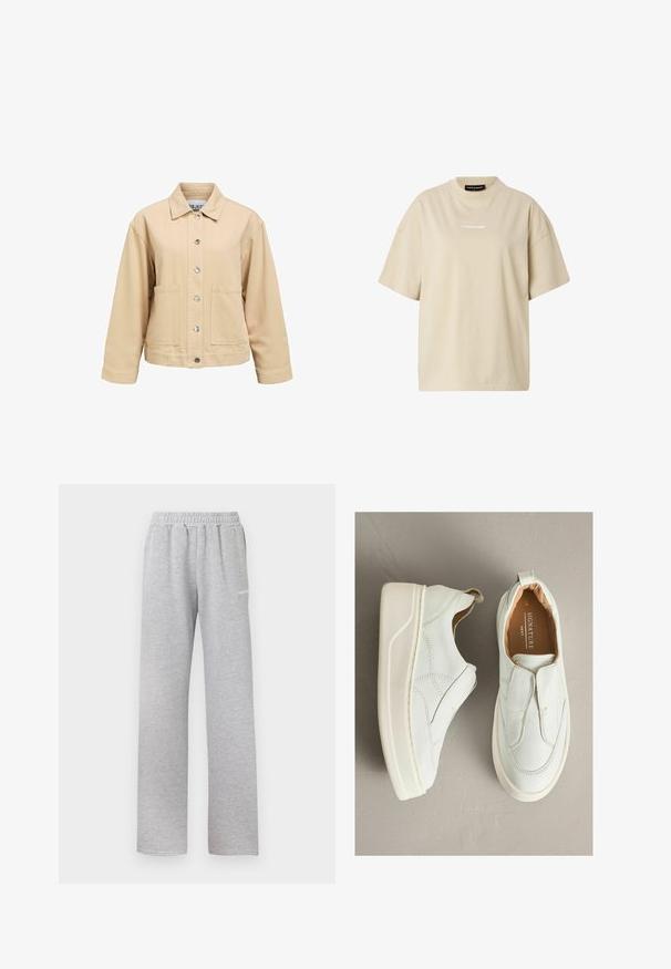 Beige Baumwolljacke mit Knopfleiste, zwei Vordertaschen und Kragen. Verfügt über eine lockere Passform und lange Ärmel.; Beiges übergroßes T-Shirt mit kurzen Ärmeln, Rundhalsausschnitt und kleinem weißem "REGARD"-Logo in der Mitte auf der Brust.; Helle graue Sweatpants mit einem elastischen Bund, geradem Bein Schnitt und einem kleinen weißen Logo auf dem linken Oberschenkel. Weicher, strukturiert Stoff.; Weiße Leder-Slipper mit runder Spitze, strukturierter Oberfläche, kontrastierender Naht und weißer Gummisohle. Verfügen über eine Zuglasche an der Ferse.