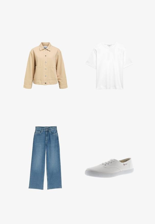 Chaqueta de algodón beige con cierre de botones, dos bolsillos delanteros y cuello con solapa. Presenta un ajuste suelto y mangas largas.; Camiseta blanca de algodón de manga corta con cuello redondo, mostrada extendida sobre fondo blanco.; Jeans de mezclilla de pierna ancha en azul claro con una cintura alta, cinco bolsillos y costuras visibles; la tela tiene un acabado ligeramente texturizado.; Zapatillas de lona blancas con punta redonda, diseño con cordones, suela de goma texturizada y un sutil acento de marca. Acabado de tela suave.