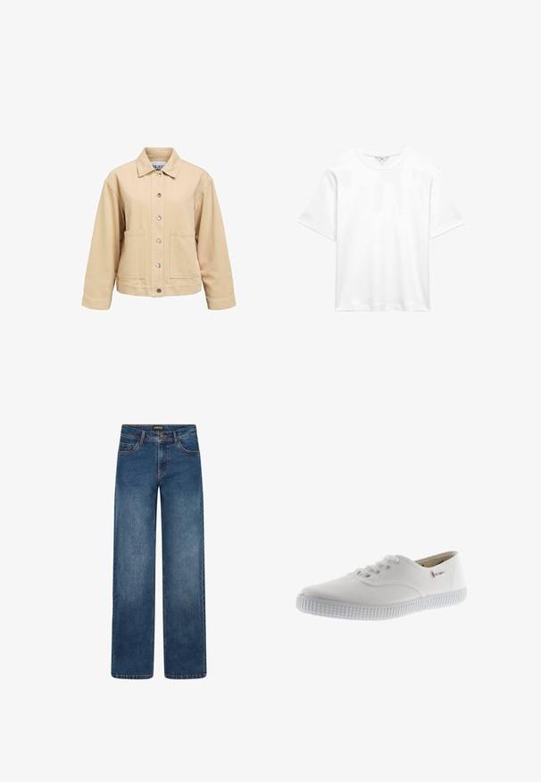 Chaqueta de algodón beige con cierre de botones, dos bolsillos delanteros y cuello con solapa. Presenta un ajuste suelto y mangas largas.; Camiseta blanca de algodón de manga corta con cuello redondo, mostrada extendida sobre fondo blanco.; Vaqueros de pierna ancha en lavado azul medio. Cuentan con cinco bolsillos, cierre de botón y cremallera, y costuras doblemente reforzadas. Tejido duradero.; Zapatillas de lona blancas con punta redonda, diseño con cordones, suela de goma texturizada y un sutil acento de marca. Acabado de tela suave.