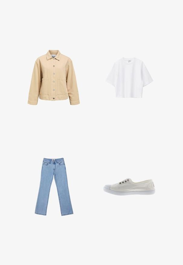 Beige katoenen jas met een knoopsluiting aan de voorkant, twee zakken aan de voorkant en een kraag. Heeft een losse pasvorm en lange mouwen.; Witte cropped T-shirt van zacht katoen met een ronde hals, korte mouwen en een comfortabele pasvorm. Eenvoudig en veelzijdig ontwerp.; Lichtblauwe flared jeans van denim, met vijf zakken, een ritssluiting en een eenvoudig stikselontwerp langs de naden.; Witte lage canvas sneakers met rubberen zool en neuskap, met vier metalen oogjes aan de zijkant, weergegeven in het rechterprofiel.