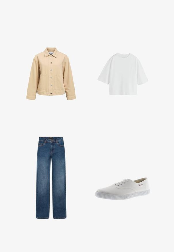 Chaqueta de algodón beige con cierre de botones, dos bolsillos delanteros y cuello con solapa. Presenta un ajuste suelto y mangas largas.; Camiseta blanca lisa de manga corta oversize con cuello redondo y ajuste holgado.; Vaqueros de pierna ancha en lavado azul medio. Cuentan con cinco bolsillos, cierre de botón y cremallera, y costuras doblemente reforzadas. Tejido duradero.; Zapatillas de lona blancas con punta redonda, diseño con cordones, suela de goma texturizada y un sutil acento de marca. Acabado de tela suave.