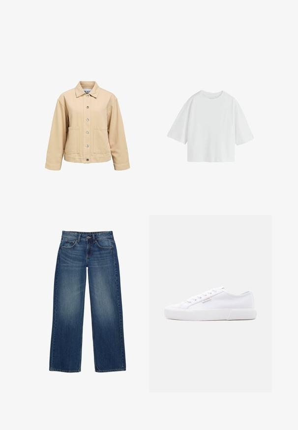 Beige katoenen jas met een knoopsluiting aan de voorkant, twee zakken aan de voorkant en een kraag. Heeft een losse pasvorm en lange mouwen.; Effen witte oversized T-shirt met korte mouwen, een ronde hals en een losse pasvorm.; Blauwe wijde spijkerbroeken van denim met een verweerde afwerking, voorzien van vijf zakken, een knoopsluiting aan de voorkant en zichtbare stikseldetails.; Witte lage sneaker met plateauzool, veters aan de voorkant en een klein Calvin Klein-logo op de zijkant.