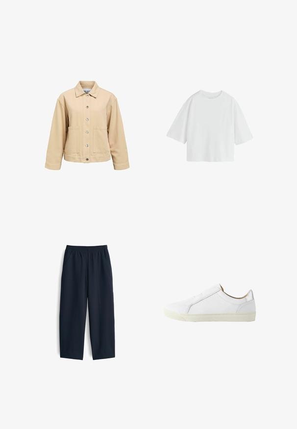 Beige Baumwolljacke mit Knopfleiste, zwei Vordertaschen und Kragen. Verfügt über eine lockere Passform und lange Ärmel.; Schlichtes weißes oversized T-Shirt mit kurzen Ärmeln, rundem Ausschnitt und lockerem Schnitt.; Marineblaue Hose aus glattem Stoff, mit elastischem Bund, zwei Seitentaschen und einem entspannten Schnitt mit geraden Beinen.; Weißer flacher Leder-Sneaker mit seitlichem Reißverschluss, beigem Innenfutter und elfenbeinfarbener Gummisohle, von der Außenseite gezeigt.