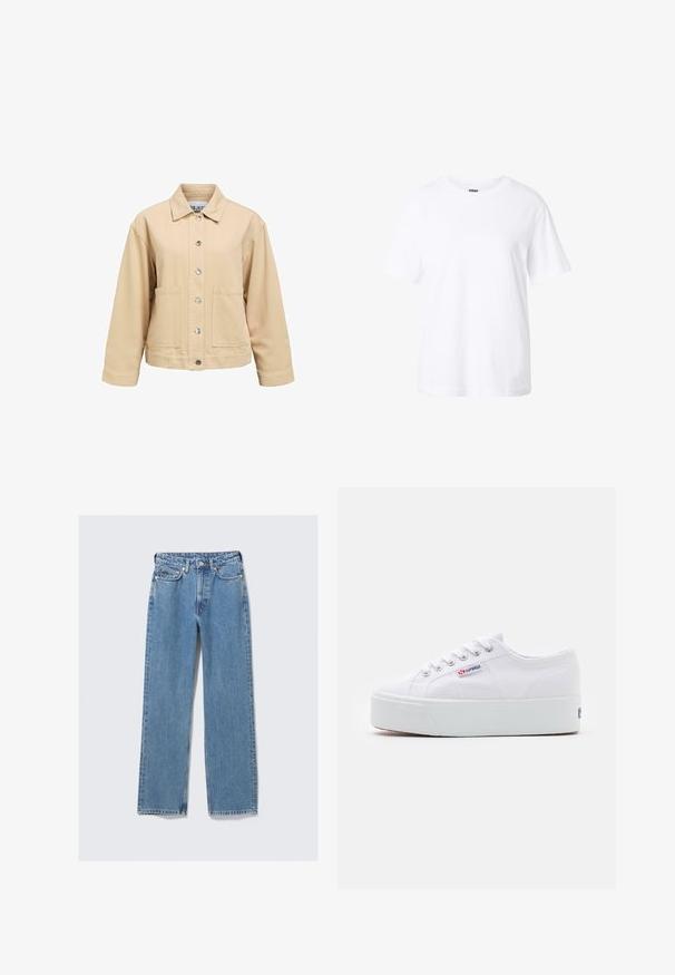 Veste en coton beige avec fermeture à boutons, deux poches avant et col classique. Coupe ample et manches longues.; T-shirt blanc uni à manches courtes avec col rond, coupe décontractée et petite étiquette à l'intérieur du col.; Jean en denim bleu à taille haute, coupe droite, avec bouton avant, fermeture éclair, passants pour ceinture et design à cinq poches sur un fond clair uni.; Baskets en toile blanches avec une épaisse semelle plateforme blanche, bout rond et œillets en métal pour les lacets. Logo de la marque affiché sur le côté.