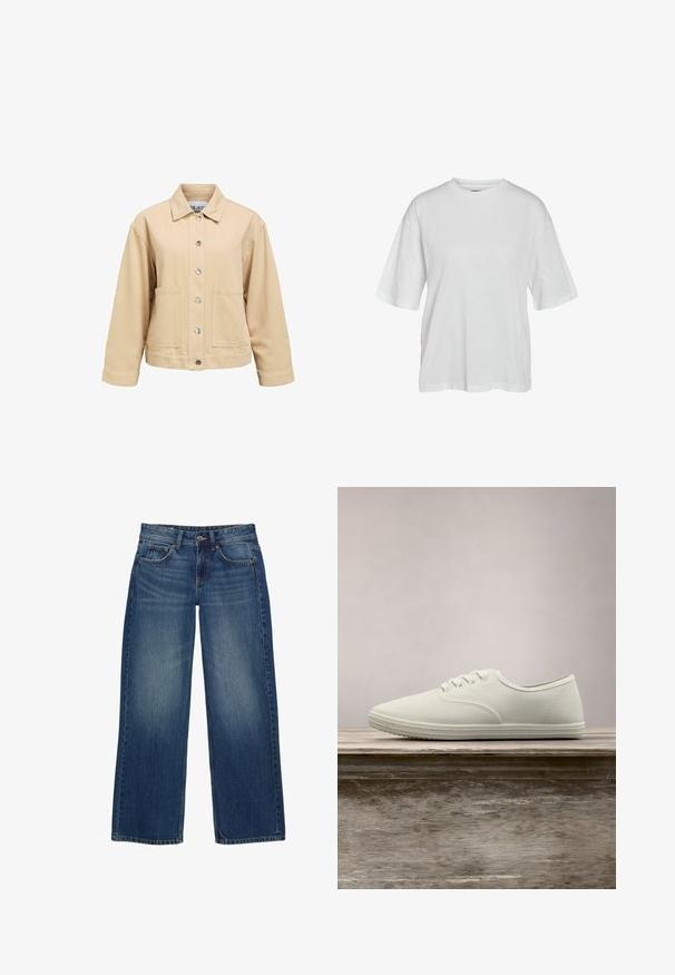 Beige katoenen jas met een knoopsluiting aan de voorkant, twee zakken aan de voorkant en een kraag. Heeft een losse pasvorm en lange mouwen.; Effen wit oversized T-shirt met korte mouwen en ronde hals, weergegeven op een neutrale achtergrond.; Blauwe wijde spijkerbroeken van denim met een verweerde afwerking, voorzien van vijf zakken, een knoopsluiting aan de voorkant en zichtbare stikseldetails.; Witte canvas sneakers met een ronde neus, zes veterogen en een gestructureerde rubberen zool, zwevend boven een houten oppervlak met groene gras op de achtergrond.