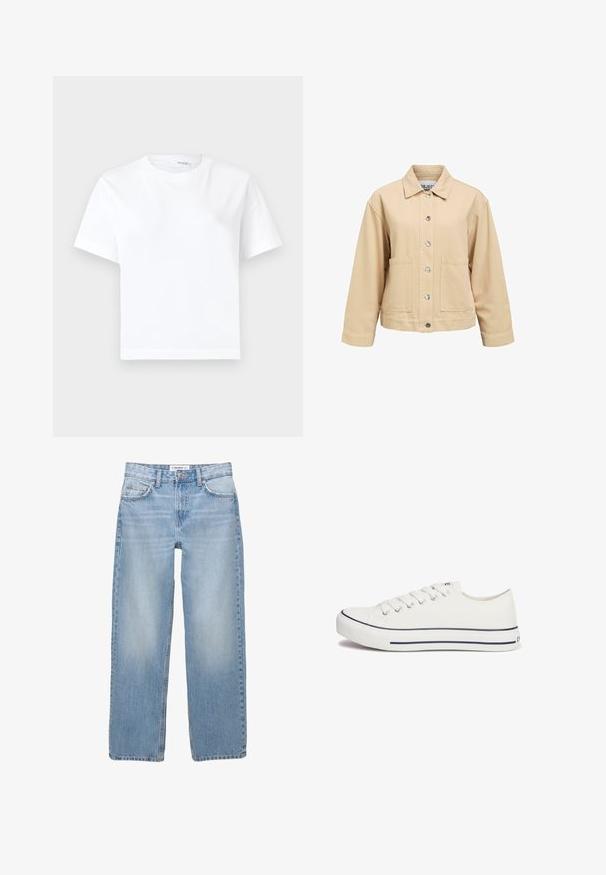 Veste en coton beige avec fermeture à boutons, deux poches avant et col classique. Coupe ample et manches longues.; T-shirt blanc uni en coton à manches courtes, col rond et ourlet droit, présenté sur fond blanc.; Jean en denim bleu clair avec une coupe droite, style cinq poches et des détails de couture visibles. Le tissu a une texture douce et légèrement décolorée.; Baskets en toile blanches avec un bout arrondi, un laçage à l'avant et une bordure rayée bleue autour de la semelle. Design minimaliste avec un profil bas.