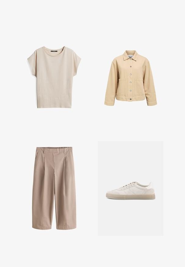 Beige Baumwolljacke mit Knopfleiste, zwei Vordertaschen und Kragen. Verfügt über eine lockere Passform und lange Ärmel.; Beige T-Shirt mit kurzen Ärmeln aus weichem, strukturiertem Stoff. Verfügt über einen runden Ausschnitt und einen gerippten Saum, mit einer lässigen Passform.; Beige weit geschnittene, verkürzte Hose mit Gürtelschlaufen, Seitentaschen, vorderen Falten und kleinen Schlitzen am Saum.; Beige Wildleder-Sneaker mit niedrigem Profil, ausgestattet mit einer strukturierten Oberseite, tonalen Nähten und einer hellen Gummisohle. Schnürsenkel runden das Design ab.