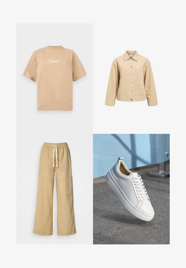 Beige Baumwolljacke mit Knopfleiste, zwei Vordertaschen und Kragen. Verfügt über eine lockere Passform und lange Ärmel.; Beige Baumwoll-T-Shirt mit kurzen Ärmeln, rundem Halsausschnitt und weißem, geschwungenem Text auf der Vorderseite mit der Aufschrift "Pegador Dreams Come True."; Beige weite Hosen aus weichem Stoff, mit einem elastischen Bund und Kordelzug, seitlichen Taschen und einer lässigen Passform.; Weißes Leder-Sneaker mit flachen Schnürsenkeln, runder Zehenpartie, Gummisohle und einem kleinen Zieh-Tab an der Ferse. Glatte Textur mit minimalen Design-Details.