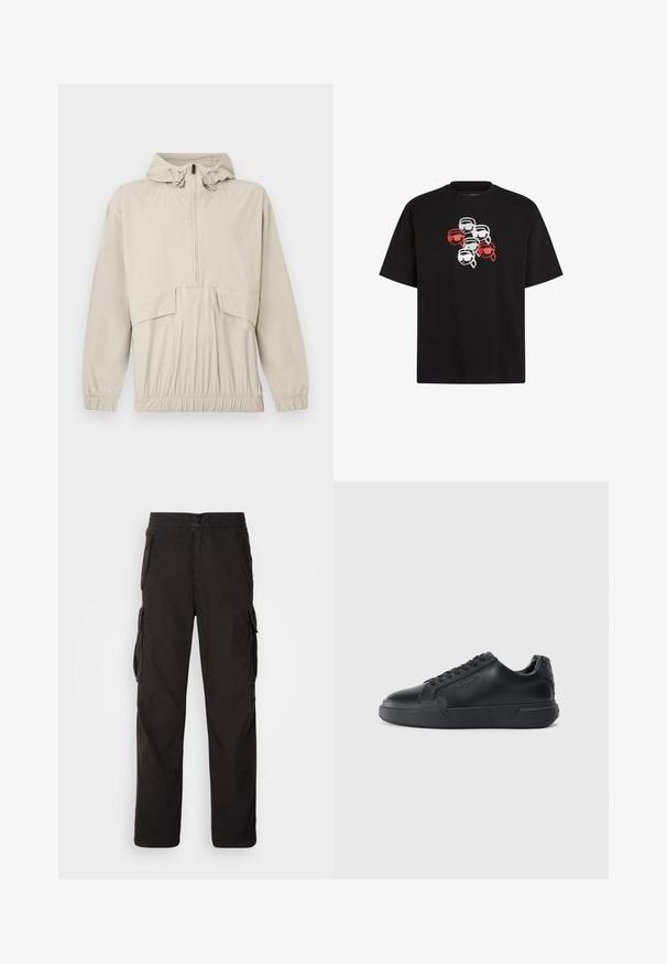 Lysebeige pulloverjakke med hætte, halvlange lynlås foran, elastiske manchetter og justerbar talje. Har en frontlomme og glat tekstur.; Sort bomulds T-shirt med et grafisk motiv af seks stiliserede hoveder med briller i rød, hvid og sort farve, korte ærmer og rund halsudskæring.; Sorte cargobukser med lige pasform, elastisk talje, flere sidelommer og et struktureret stof for holdbarhed.; Sorte sneakers med en glat læderoverdel, rund tå, snørelukning, struktureret hældetalje og en tyk gummisål.
