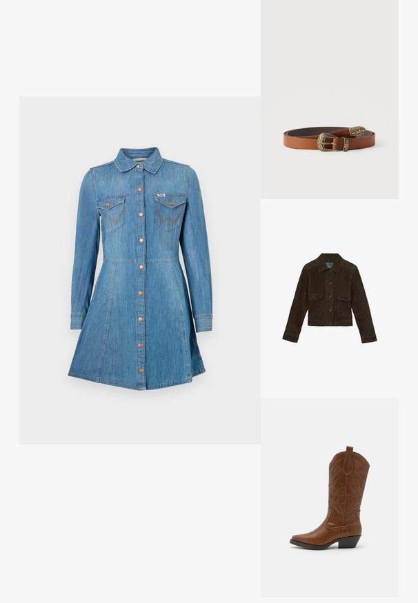Reiss REGULAR FIT - HANSON TRUCKER - Nahkatakki - chocolate brown; Sininen farkudressi, jossa on pitkät hihat, nappikiinnitys edessä, kaksi rintataskua ja liehuva hame. Varustettu kuparinvärisillä napeilla ja kontrastivärillä ompeleilla.; ONLY SHOES ONLBRONCO - Biker-/cowboysaappaat - brown; Ruskea nahkavyö, joka on kierretty ja jossa on koristeellinen antiikkimaisen kullan värinen solki, lenkki ja kärki, joissa on kukka- ja geometrisia kaiverruksia, valkoisella taustalla.