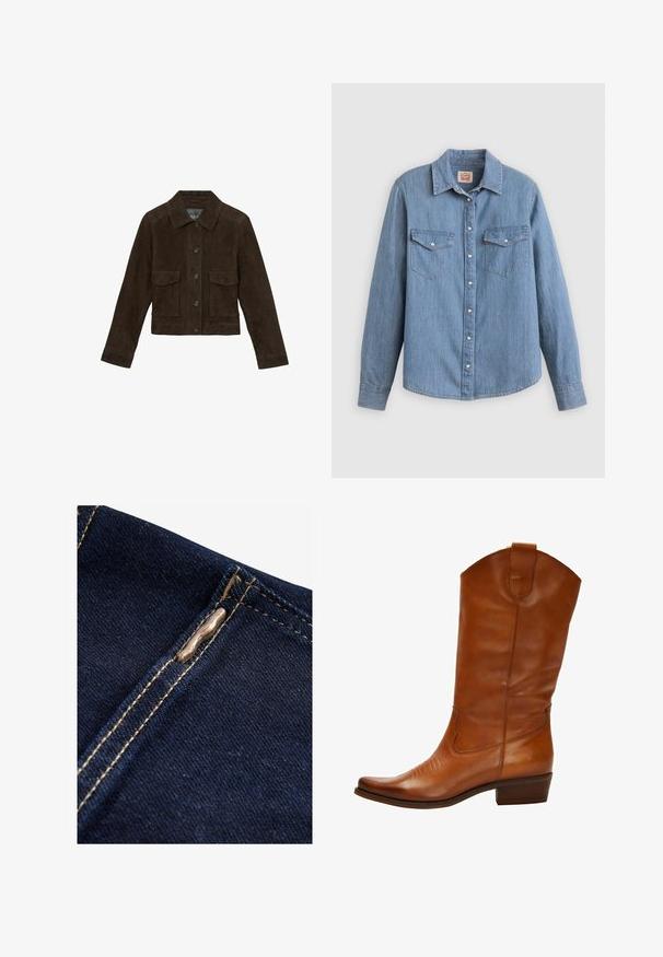 Reiss REGULAR FIT - HANSON TRUCKER - Læderjakker - chocolate brown; Lyseblå denimskjorte med lange ærmer, knapper foran, to brystlommer og klassisk krave. Glat tekstur og afslappet pasform.; Next REGULAR FIT - WIDE LEG - Flared jeans - rinse blue; Brune læder cowboystøvle med spids tå, dekorativ syning på forsiden og en lav stablet hæl. Har en trækflap øverst.