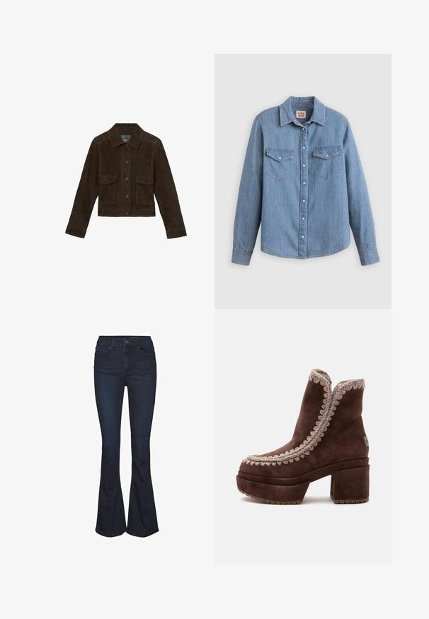 Reiss REGULAR FIT - HANSON TRUCKER - Kožená bunda - chocolate brown; Svetlomodrá džínová košeľa s dlhými rukávmi, zapínaním na gombíky vpredu, dvoma náprsnými vreckami a klasickým golierom. Hladká textúra a voľný strih.; Tmavomodré rozšírené rifle s vysokým pásom, vybavené piatimi vreckami a jemnými švami. Hladká textúra s klasickým dizajnom.; Hnedá semišová členková obuv s hrubým podpätkom a platformou, s béžovou pletenou lemovkou pozdĺž horného okraja a predného švu.