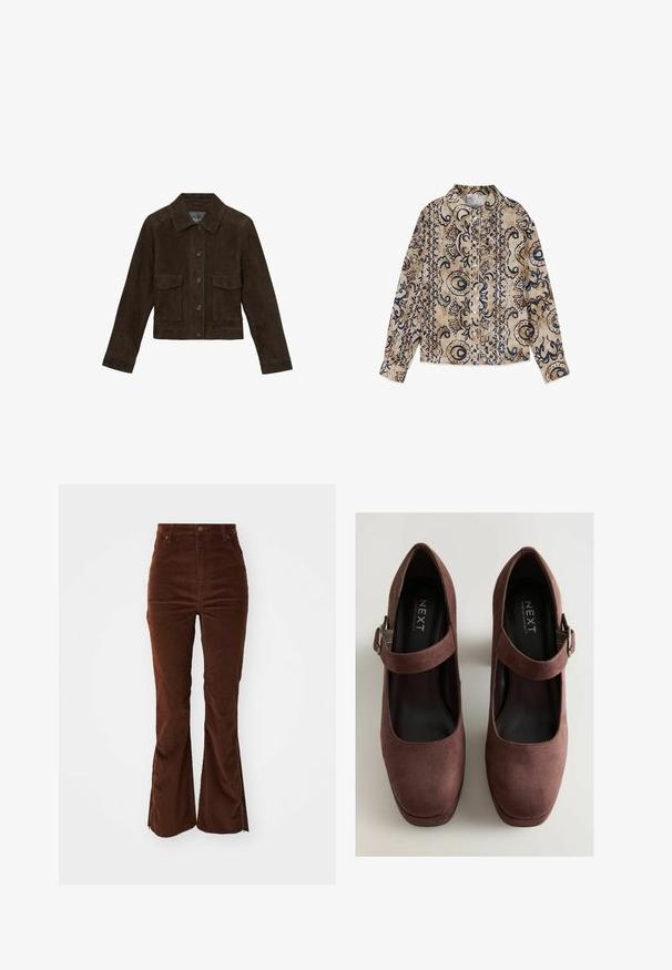 Reiss REGULAR FIT - HANSON TRUCKER - Læderjakker - chocolate brown; Beige langærmet skjorte med knapper og indviklede mørkeblå og brune abstrakte blomster- og swirlingmønstre.; Højtaljede brune fløjl-bukser med forlommer og vide ben, der har lynlåse langs de ydre sømme.; Brune ruskind Mary Jane-sko med rund tå, ankelrem og en lav plattformhælt, der har en polstret inderside for komfort.