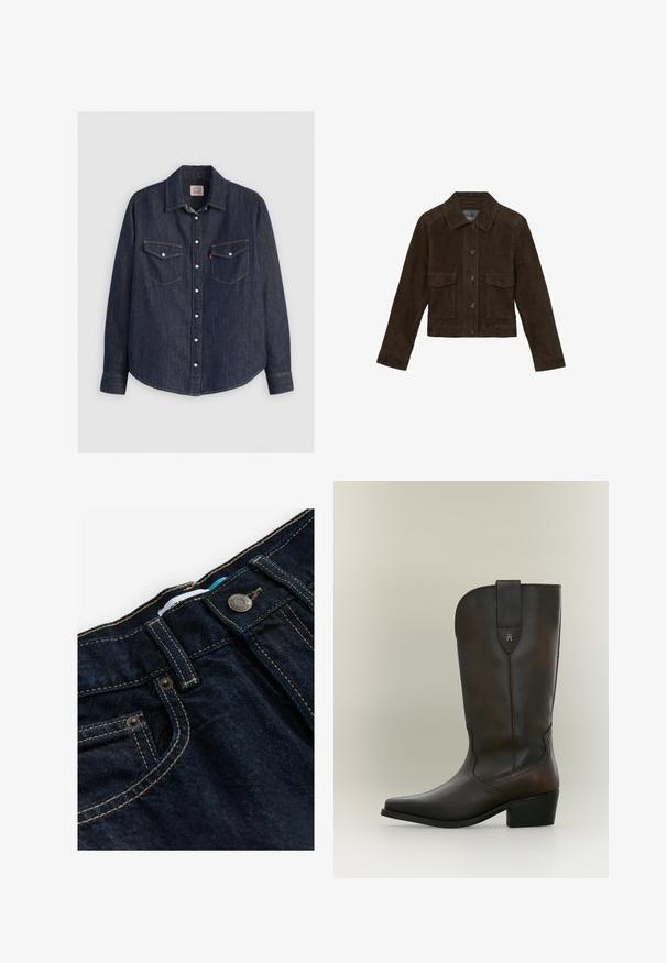 Reiss REGULAR FIT - HANSON TRUCKER - Veste en cuir - chocolate brown; Chemise en denim bleu foncé à manches longues, avec un devant à boutons, deux poches poitrine avec rabats et des coutures jaunes contrastantes.; Jean en denim bleu foncé avec une taille standard, des coutures dorées contrastantes et un bouton en métal. Comprend une petite poche avant et une étiquette.; Botte en cuir marron foncé mi-mollet avec un petit talon bloc, bout pointu et une languette cousue avec un petit logo métallique.