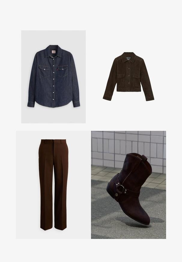 Reiss REGULAR FIT - HANSON TRUCKER - Læderjakker - chocolate brown; Mørkeblå denimskjorte med lange ærmer, knaplukning fortil, to brystlommer med klapper og kontrasterende gule sømme.; Brune skræddersyede bukser med et lige ben design, lavet af glat stof, med folder og en standard talje med bæltestropper.; Brun ruskind ankelstøvle med sølvspænde, der står på tekstureret fortov nær en flisebelagt væg.