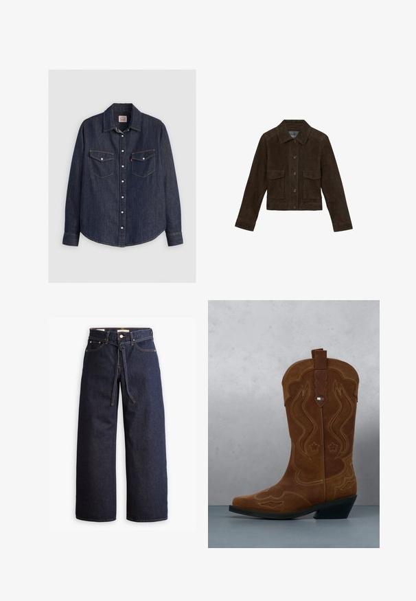 Reiss REGULAR FIT - HANSON TRUCKER - Kožená bunda - chocolate brown; Tmavomodrá denimová košeľa s dlhými rukávmi, zapínanie na gombíky vpredu, dve náprsné vrecká so klopami a kontrastným žltým prešívaním.; Široké tmavomodré denimové džínsy s vysokým pásom, so šnúrkou na sťahovanie, piatimi vreckami a kontrastným prešívaním.; Hnedá semišová kovbojská čižma s dekoratívnym prešitím a emblémom vlajky na holeni, stojaca na vonkajšej drevenej podlahe s lamelami.