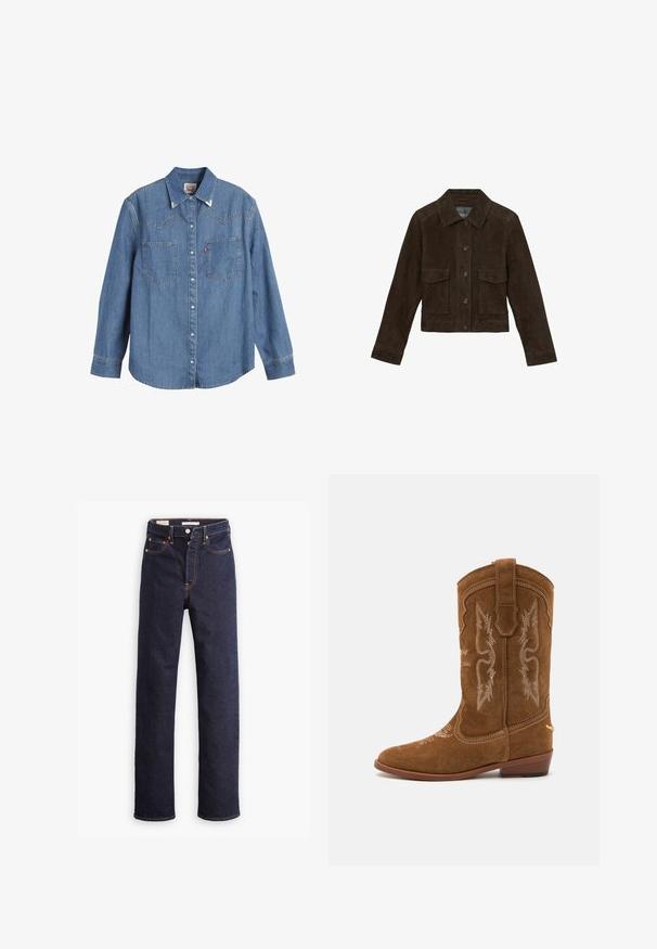 Reiss REGULAR FIT - HANSON TRUCKER - Kožená bunda - chocolate brown; Svetlomodrá džínsová košeľa s dlhými rukávmi, špicatým golierom, dvoma náprsníkmi a kontrastným stehom. Obsahuje dizajn yoku v západnom štýle.; Tmavomodré rovnako strihané rifľové nohavice s piatimi vreckami a viditeľným oranžovým prešívaním na bielom pozadí.; Hnedá semišová kovbojská čižma s prepracovaným bielym prešívaním, špicatou špičkou a vrstvovým podpätkom. Obsahuje dekoratívne vzory na trupe.
