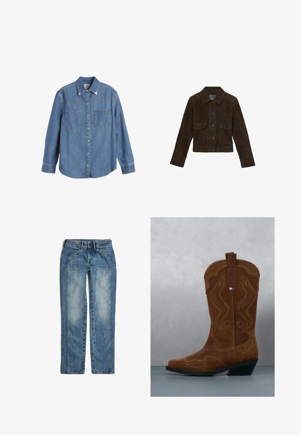 Reiss REGULAR FIT - HANSON TRUCKER - Lederjacke - chocolate brown; Hellblaues Denim-Hemd mit langen Ärmeln, spitzem Kragen, zwei Brusttaschen und kontrastierenden Nähten. Verfügt über ein Design mit Westernstil-Yoke.; Blaue Denim-Jeans mit geradem Bein, Frontknopf und Reißverschluss sowie zwei vorderen Taschen mit ausgewaschenen Details.; Brauner Wildleder-Cowboystiefel mit dekorativer Stickerei und einem Flaggenemblem am Schaft, stehend auf einem Boden aus Holzlatten im Freien.