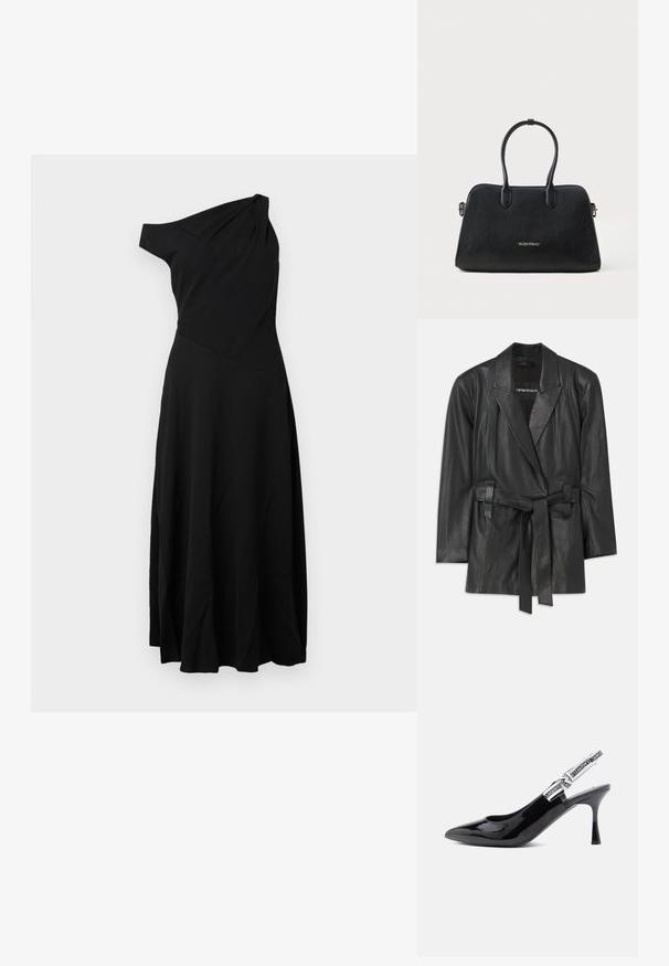 Sorte læderblazer med klippet krave, bælte i livet og skræddersyet pasform. Glat tekstur og minimalistisk design. Velegnet til lagdeling.; Sort, en-skulder kjole lavet af letvægtsstof. Har en tætsiddende overdel og en udvidet nederdel med blød drapering. Enkel design uden udsmykninger.; Sorte patenterede læder slingback stiletter med spids tå, moderat hæl, og en rem med fed hvid branding langs kanten.; Sort læderhåndtaske med en struktureret form, to håndtag og guldlogo-detalje på forsiden. Glat tekstur uden synlige mønstre.