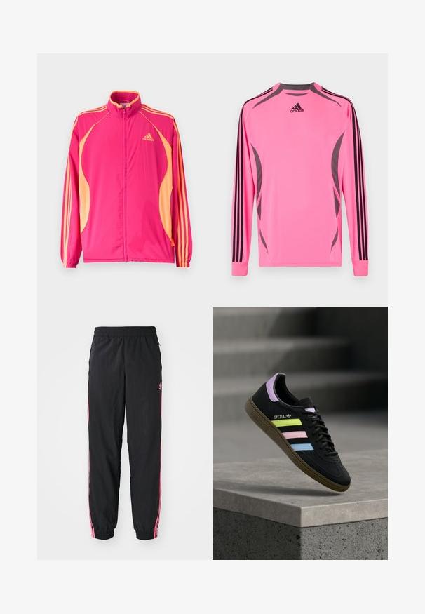 Kirkkaanpinkki Adidas-urheilutakki persikanvärisillä sivupaneeleilla, persikanvärisillä raidoilla hihoissa, joustavilla resoreilla ja etuvetoketjulla.; Pitkähihaisen urheilupaidan kirkkaanpinkkiä kangasta, jossa on harmaita yksityiskohtia ja mustat kolmen raidoin koristellut hihat ja hartiat.; Mustat tuulipuvun housut, joissa on vaaleanpunaiset sivu raidat, joustava vyötärö ja hihansuut. Oikealla lahkeessa on hillitty brändäys. Sujuva materiaali.; Musta Adidas Spezial -lenkkari, jossa pastellin keltaiset, vaaleanpunaiset ja siniset raidat, laventelinvärinen kantalenkki ja ruskea pohja, leijuu betonireunan yläpuolella.