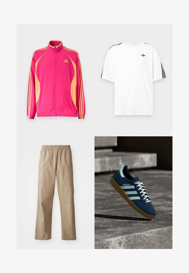 Žiarivo ružová tréningová bunda Adidas s broskyňovými bočnými panelmi, broskyňovými pruhmi na rukávoch, elastickými manžetami a predným zipsom.; Biela bavlnená tričko s krátkymi rukávmi, s čiernymi trojpruhmi na pleciach a malým čiernym logom na hrudi.; Béžové ľahké nohavice s elastickým pásom, rovnými nohavicami a bočnými vreckami. Hladká textúra s jemnými švami.; Modré tenisky Adidas Spezial s bielymi pruhmi a šnúrkami, gumovou podrážkou, plávajúce nad drsným betónovým povrchom a schodmi v pozadí.