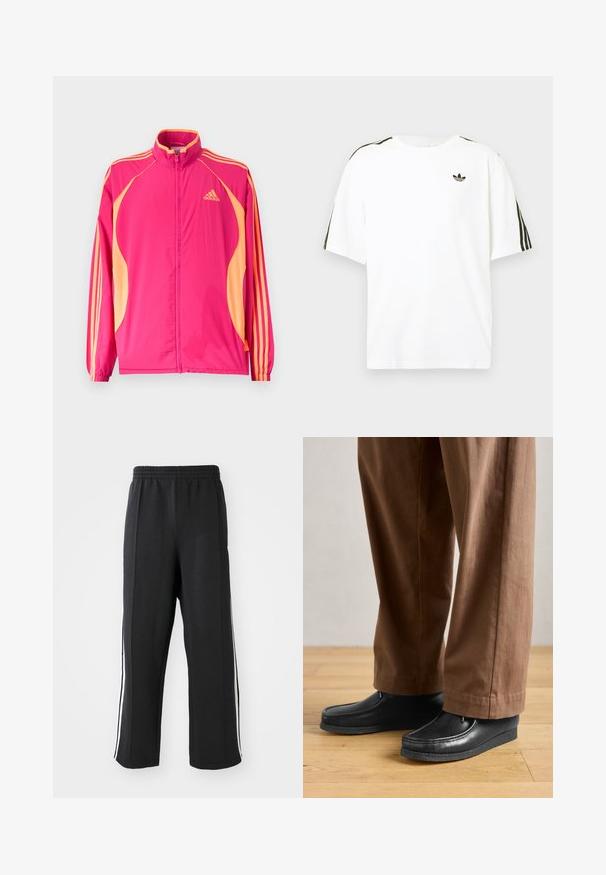 Žiarivo ružová tréningová bunda Adidas s broskyňovými bočnými panelmi, broskyňovými pruhmi na rukávoch, elastickými manžetami a predným zipsom.; Biela bavlnená tričko s krátkymi rukávmi, s čiernymi trojpruhmi na pleciach a malým čiernym logom na hrudi.; Čierne teplákové nohavice s elastickým pásom, s bielymi bočnými pruhmi a voľným strihom. Vyrobené z mäkkej, elastickej tkaniny.; Čierne kožené topánky s mokasínovým dizajnom a šitím, v kombinácii s hnedými nohavicami, na drevenej podlahe.