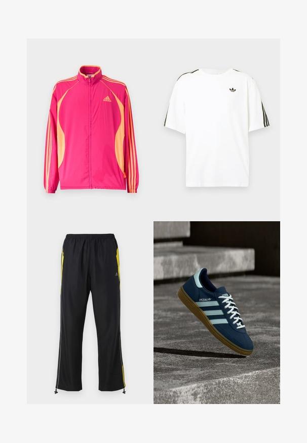 Lyserød Adidas træningsjakke med ferskenfarvede sidepaneler, ferskenfarvede striber på ærmerne, elastiske manchetter og lynlås foran.; Hvid bomuld t-shirt med korte ærmer, prydet med sorte tre-stribede detaljer på skuldrene og et lille sort logo på brystet.; Sorte træningsbukser med gule sideaccenter, elastisk talje og lynlåslommer på siden. Fremstillet af let og glat stof.; Blå Adidas Spezial sneaker med hvide striber og snørebånd, gummisål, svævende over en ru betongoverflade og trin i baggrunden.