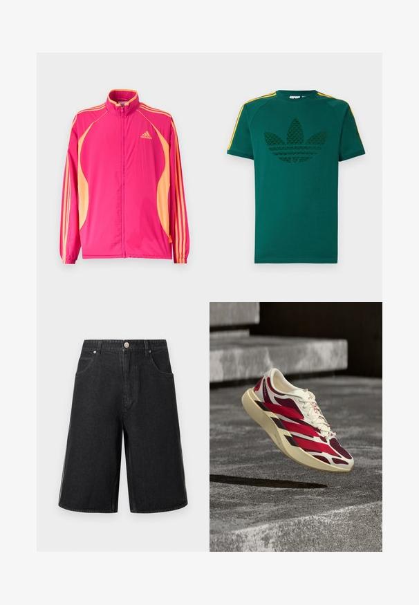 Φωτεινό ροζ αθλητικό μπουφάν Adidas με ροδακινί πλαϊνές λωρίδες, ροδακινί ρίγες στα μανίκια, ελαστικά μανσέτα και φερμουάρ στο μπροστινό μέρος.; Πράσινο κοντομάνικο μπλουζάκι με σκούρο πράσινο λογότυπο Adidas trefoil και κίτρινες ρίγες στους ώμους σε λευκό φόντο.; Μαύρα τζιν σορτς με άνετη εφαρμογή, που διαθέτουν δύο μπροστινές τσέπες και κλείσιμο με κουμπί. Casual στιλ με λεία υφή.; Λευκό και κόκκινο αθλητικό παπούτσι με παχιά σόλα που αιωρείται πάνω από υφασμένα γκρι τσιμεντένια σκαλοπάτια.