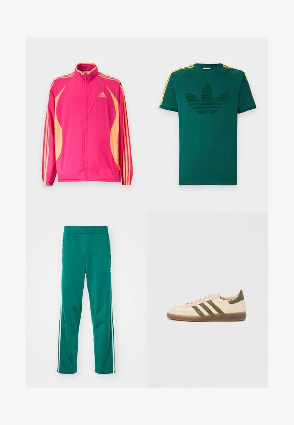 Heldere roze Adidas trainingsjack met perzikkleurige zijpanelen, perzikkleurige strepen op de mouwen, elastische manchetten en een ritssluiting aan de voorkant.; Groen T-shirt met korte mouwen, voorzien van een donker groen Adidas trefoil-logo en gele strepen op de schouders, tegen een witte achtergrond.; Groene trainingsbroek met een gladde textuur, voorzien van een witte zijstreep en een elastische tailleband. Rechtonder ontwerp.; Beige Adidas Spezial sneaker met een laag profiel, groene strepen, een gumkleurige zool en "SPEZIAL" branding aan de zijkant, gezien vanaf de buitenzijde.