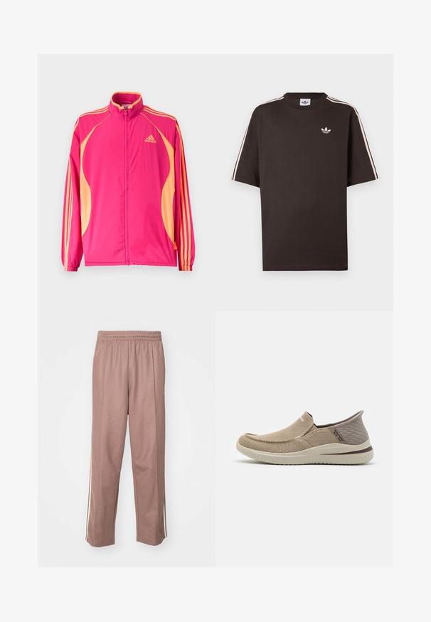 Φωτεινό ροζ αθλητικό μπουφάν Adidas με ροδακινί πλαϊνές λωρίδες, ροδακινί ρίγες στα μανίκια, ελαστικά μανσέτα και φερμουάρ στο μπροστινό μέρος.; Καφέ βαμβακερό t-shirt με κοντά μανίκια, που διαθέτει λευκές ρίγες στους ώμους και ένα μικρό λευκό λογότυπο στο στήθος.; Αθλητικά παντελόνια σε απαλό ροζ χρώμα με ελαστική μέση, πλαϊνές ρίγες και ίσια γραμμή. Φτιαγμένα από μαλακό, ελαστικό υλικό.; Μπεζ slip-on παπούτσια με υφή διχτυού στην επάνω πλευρά, στρογγυλή μύτη και ελαστική σόλα. Λεπτομέρειες σε σκούρο μπεζ στη φτέρνα.